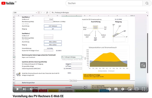 Screenshot der Videoanleitung zum PV-Rechner E-Mob EE auf YouTube